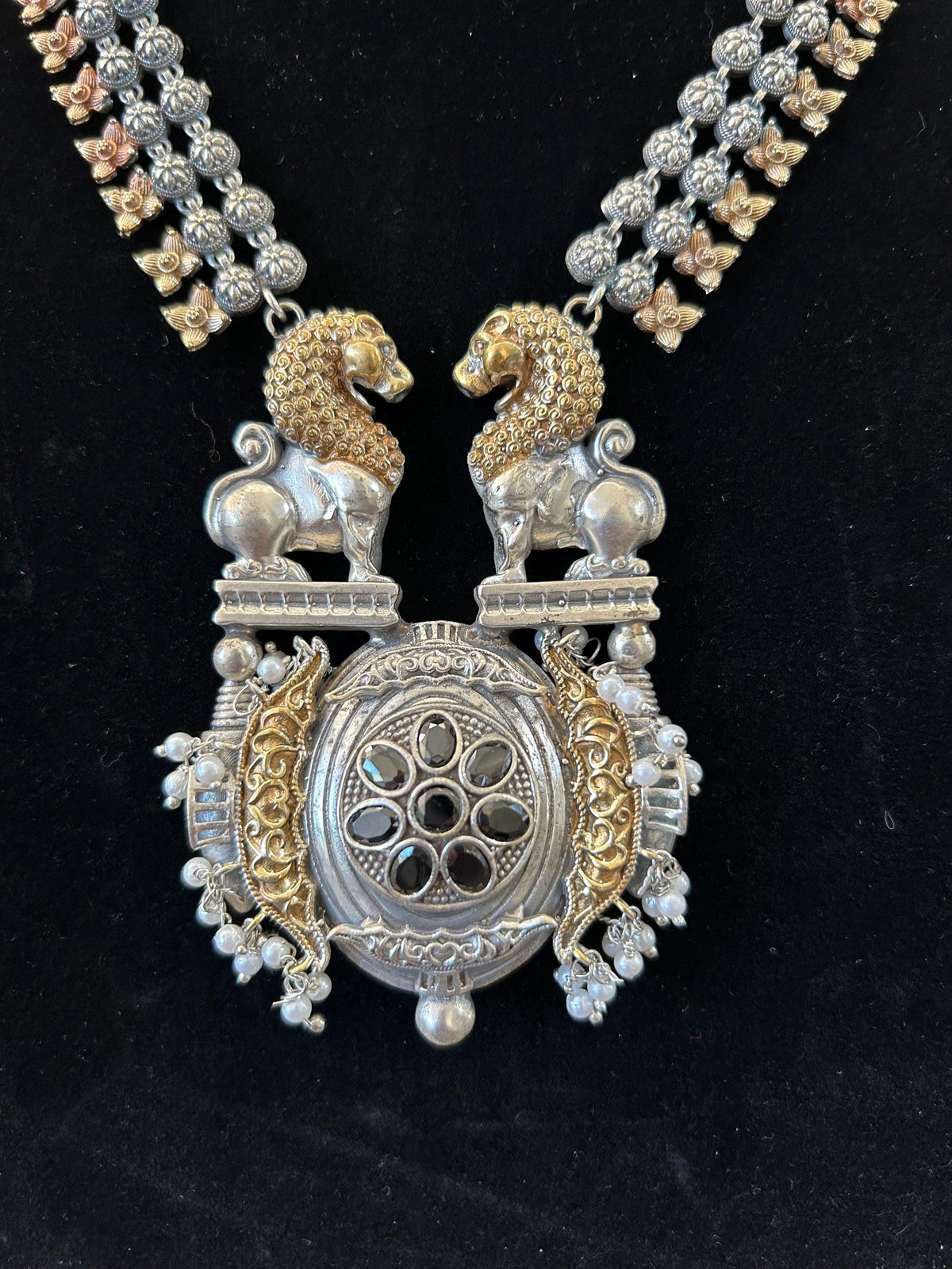German silver necklace set with black rhinestones