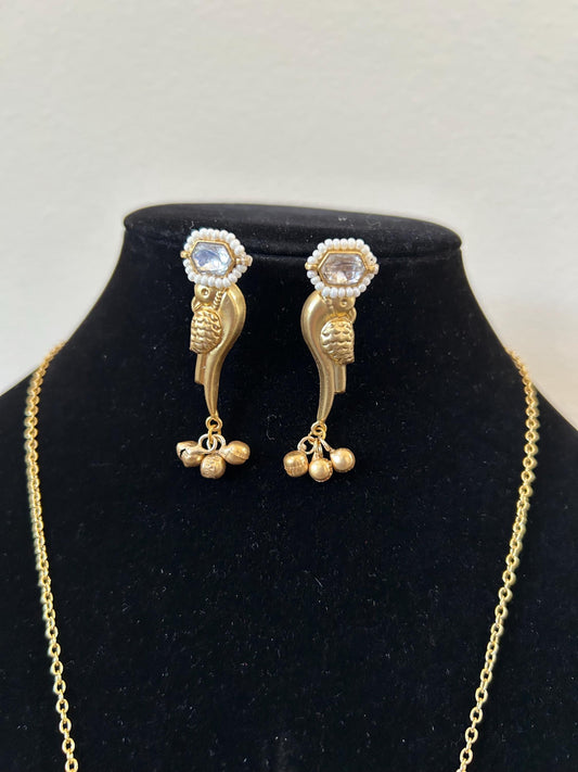 German silver golden necklace long set with doublet stone and inlay work with kundan and pearls