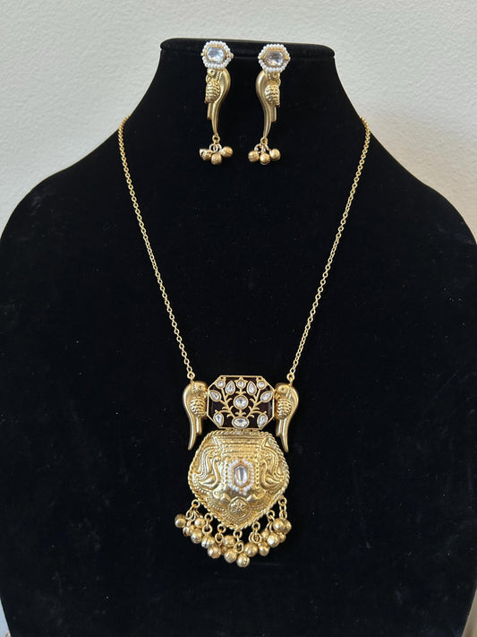 German silver golden necklace long set with doublet stone and inlay work with kundan and pearls