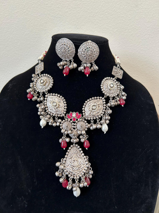 German silver necklace set with black rhinestones