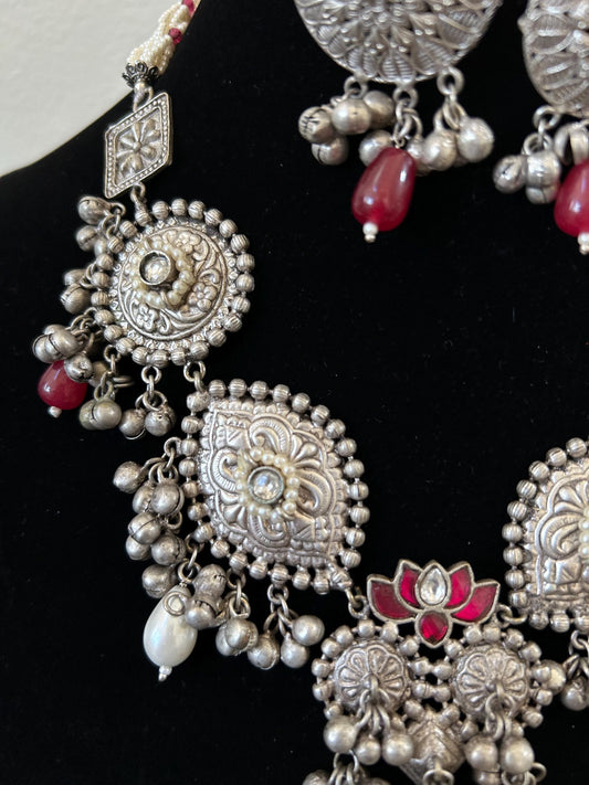 German silver necklace set with black rhinestones