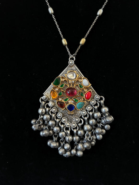 German silver necklace set with rhinestones and navratnas (NO earrings)