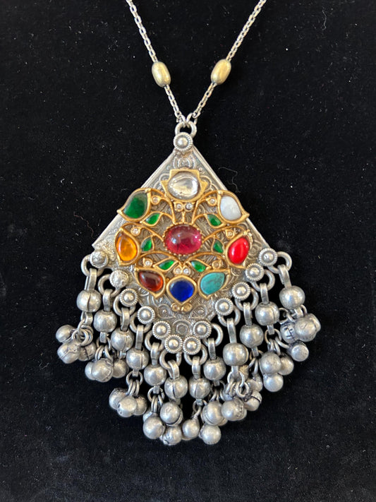 German silver necklace set with rhinestones and navratnas (NO earrings)