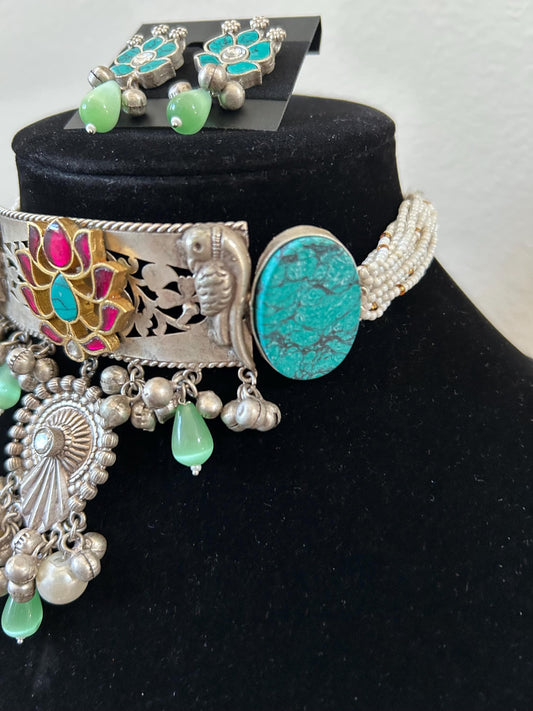 German silver necklace set with doublet stone with inlay work long