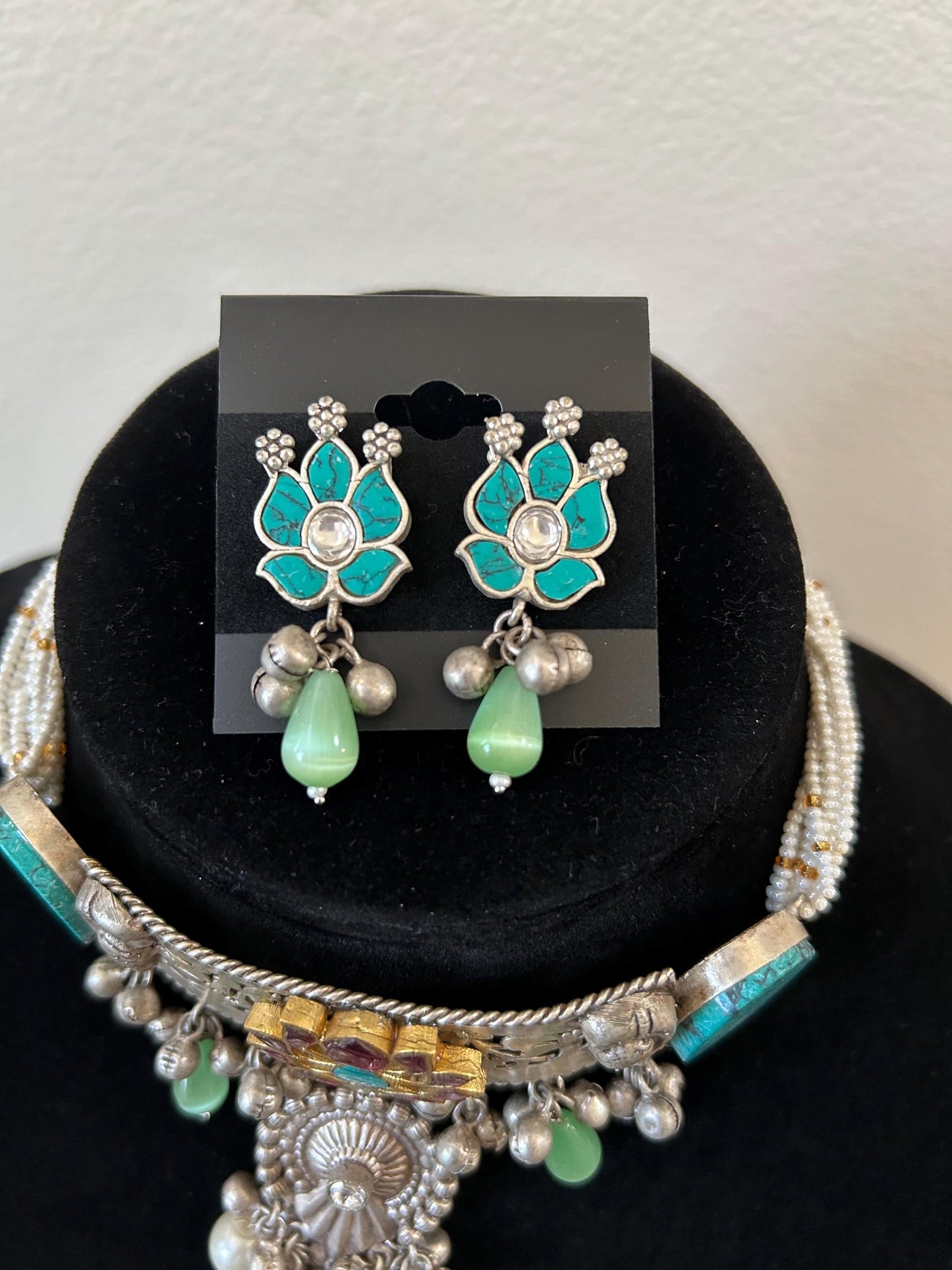 German silver necklace set with doublet stone with inlay work long