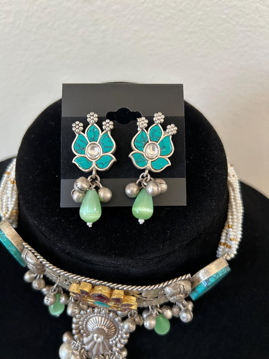 German silver necklace set with doublet stone with inlay work long