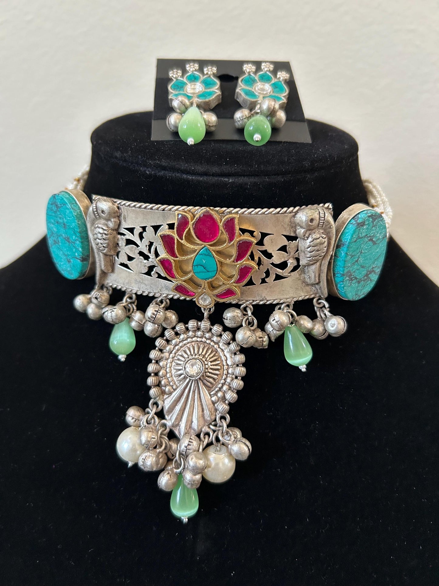 German silver necklace set with doublet stone with inlay work long