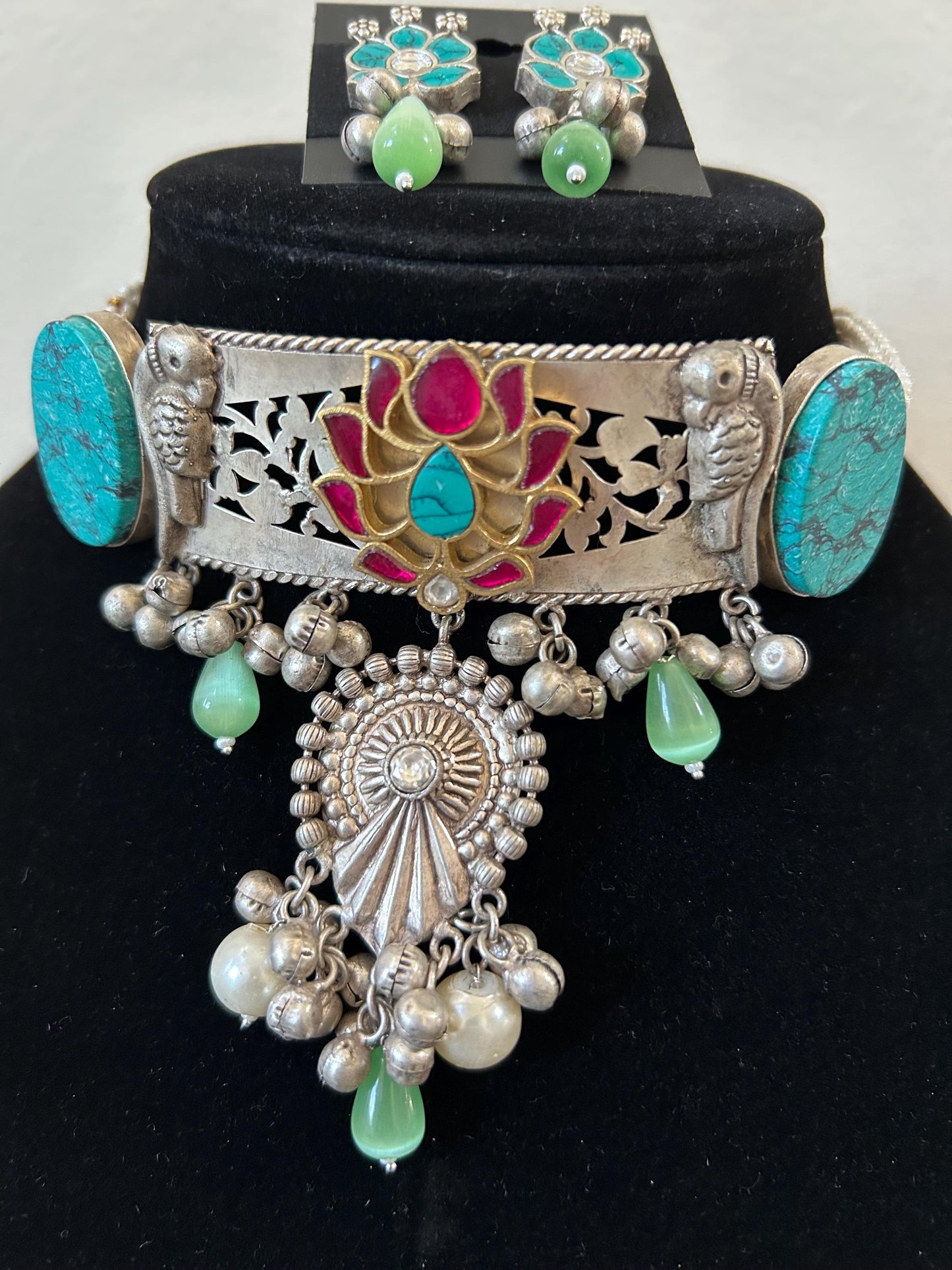German silver necklace set with doublet stone with inlay work long