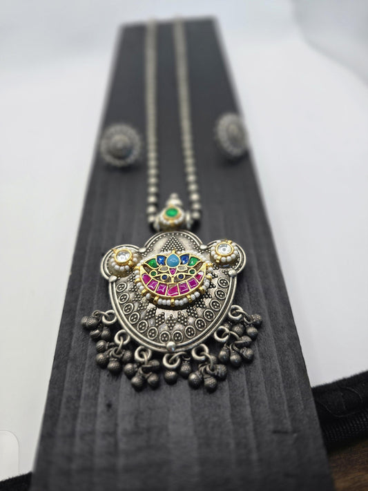 German silver necklace long set with jadau and stud earrings