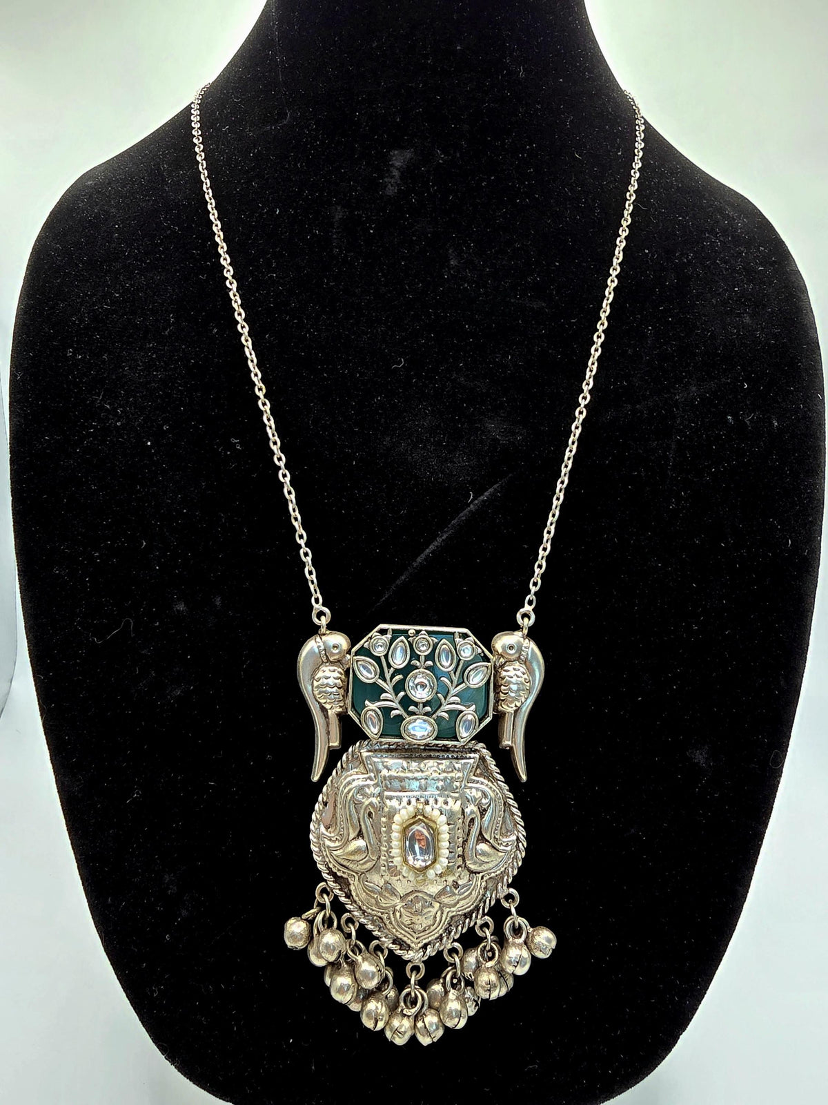 German Silver Kundan Necklace Set: Inlay Stone & Pearls