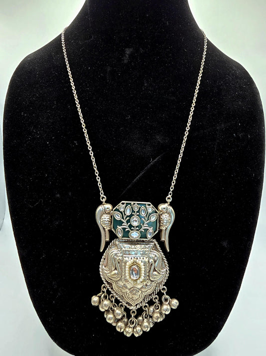 German Silver Kundan Necklace Set: Inlay Stone & Pearls