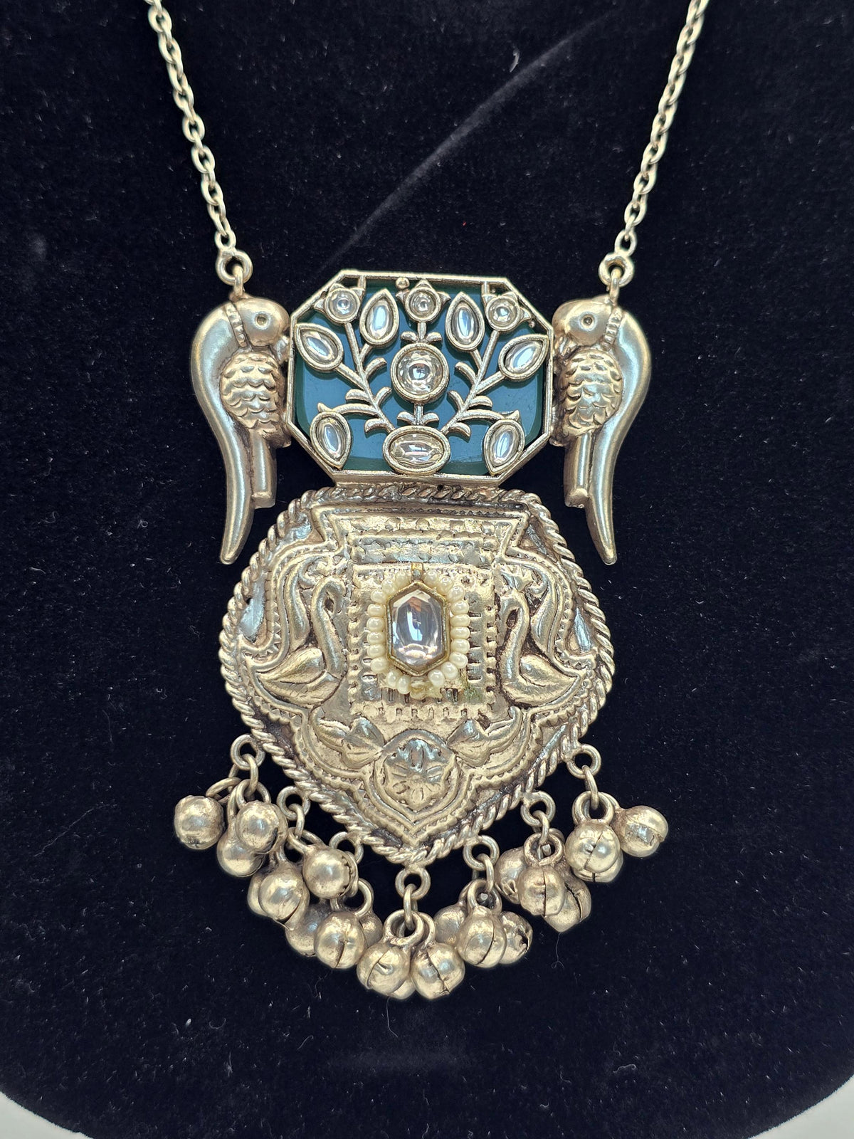 German Silver Kundan Necklace Set: Inlay Stone & Pearls