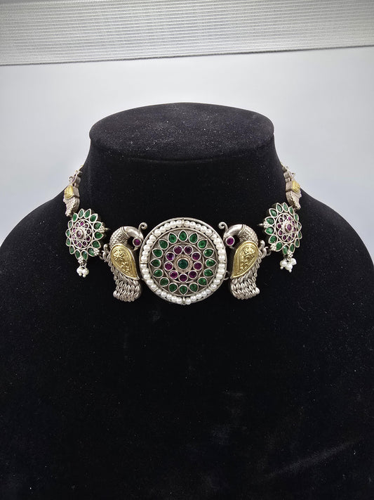 German silver choker with peacock design ruby emeralds and pearls