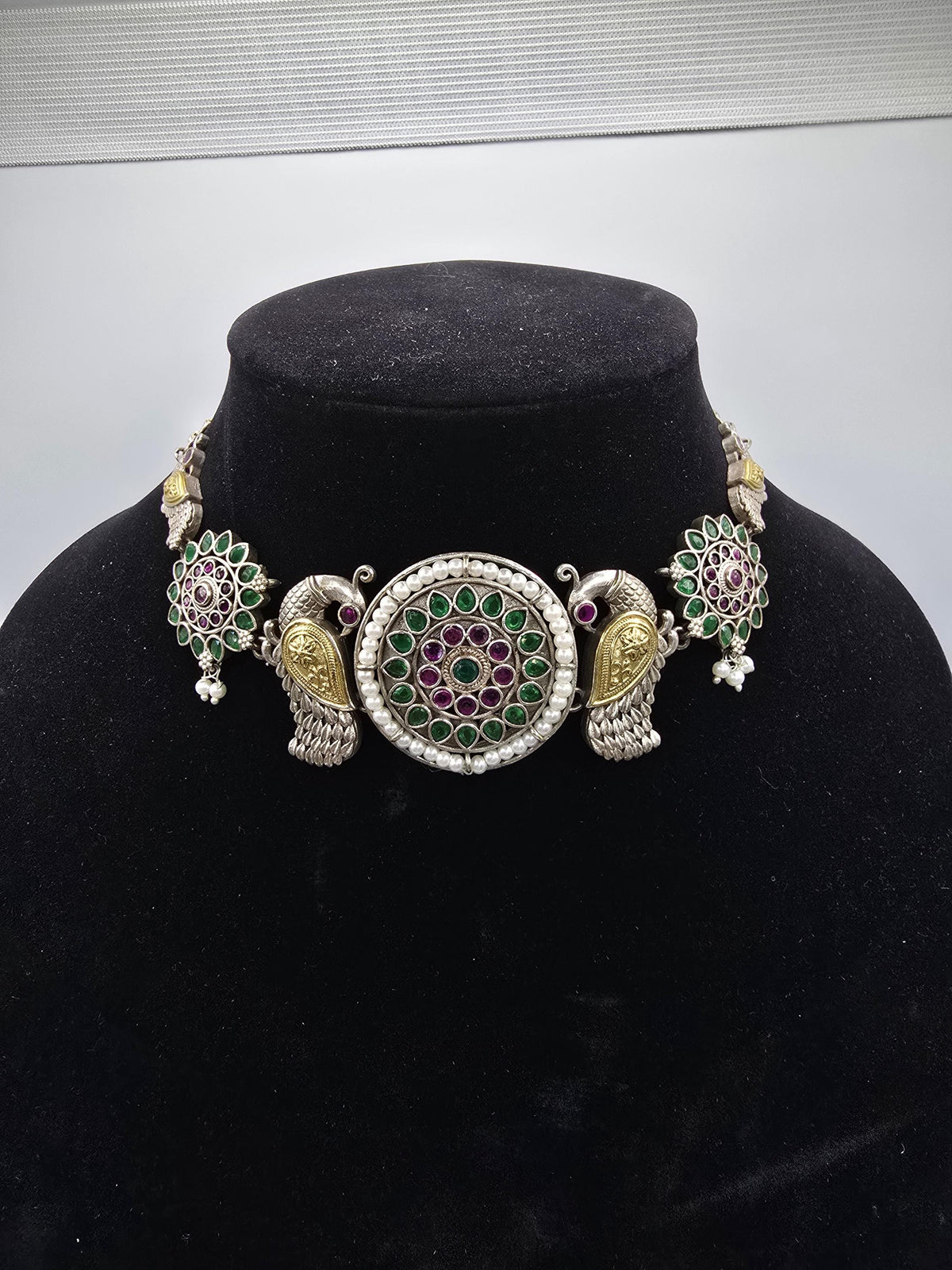 German silver choker with peacock design ruby emeralds and pearls