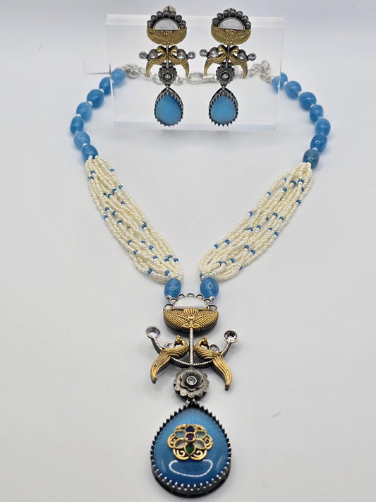 German silver long necklace set with pearls doublet stone with inlay work
