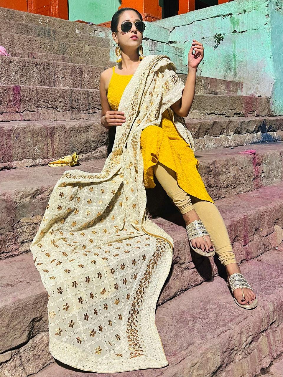 Cream color Georgette Lucknowi Work dupatta with Gotta Patti Work trendy elegant classy stole shawl
