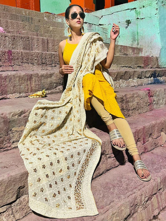 Cream color Georgette Lucknowi Work dupatta with Gotta Patti Work trendy elegant classy stole shawl