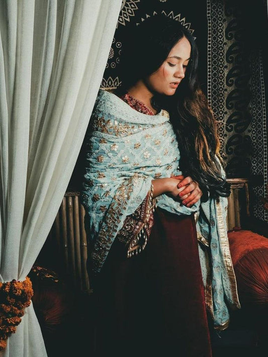 Sky blue color Georgette Lucknowi Work dupatta with Gotta Patti Work trendy elegant classy stole shawl