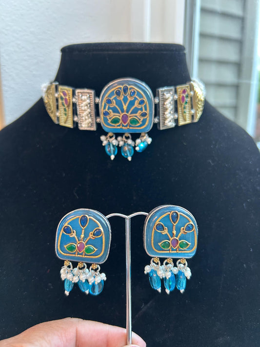 German silver choker necklace set with stone and inlay work