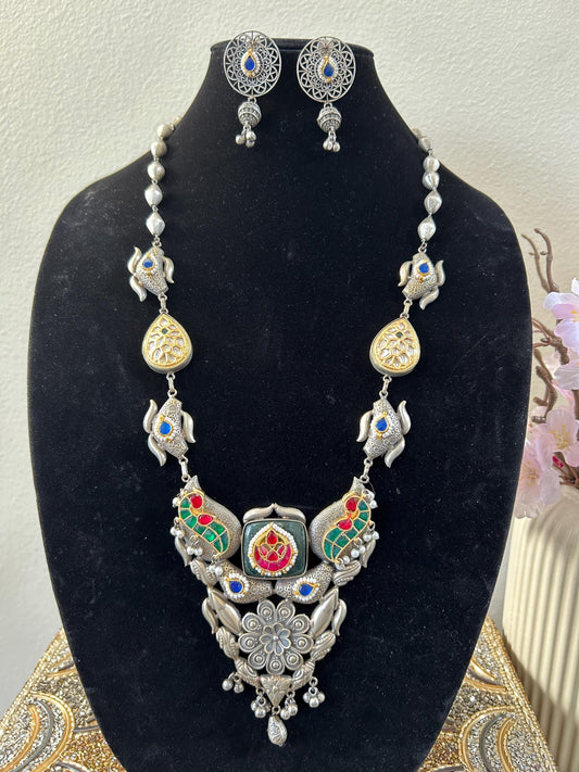 German silver necklace set with jadau Kundan Polki