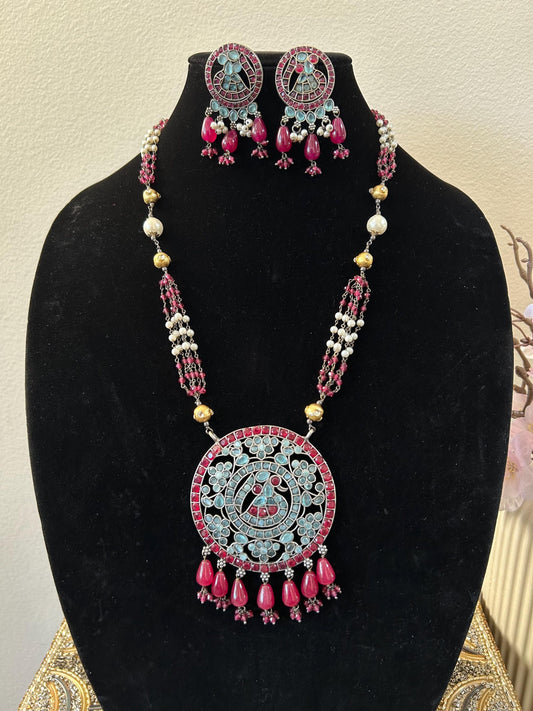 German silver necklace set with rhinestones and beads turquoise and ruby color