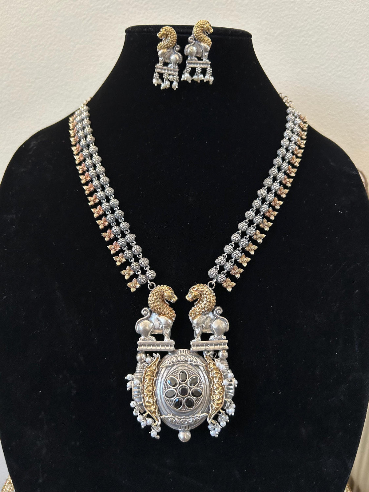German silver necklace set with black rhinestones