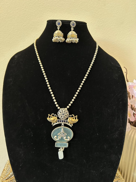 German silver necklace set with doublet stone with inlay work long