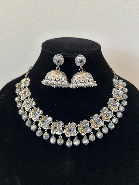 German silver necklace set with rhinestones and jhumka earrings