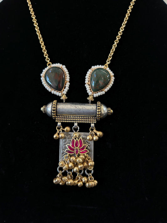 German silver necklace set with jadau and doublet stones