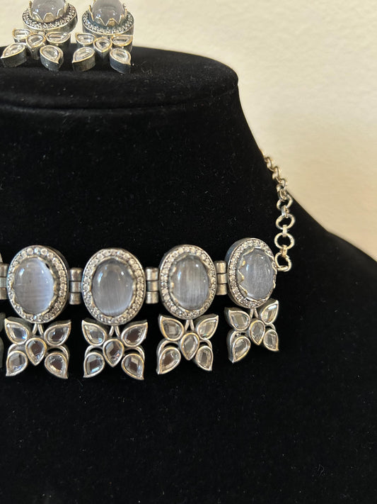 German silver necklace set with doublet stone and rhinestones