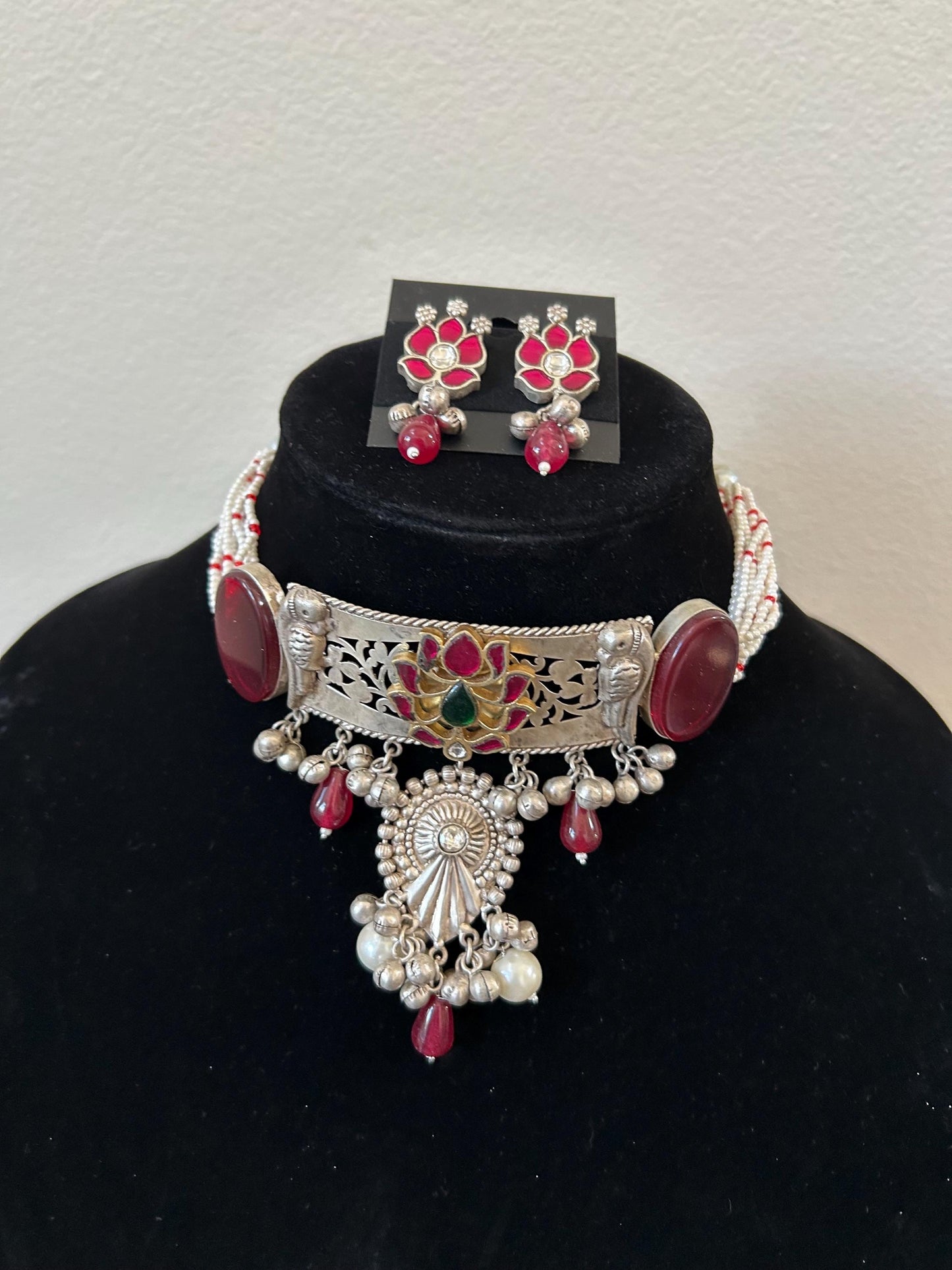 German silver necklace set with doublet stone with inlay work long