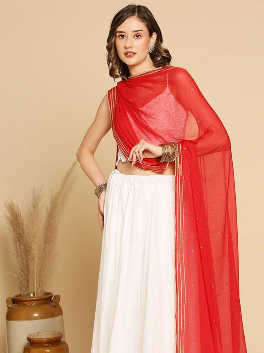 Red Embellished Chiffon Dupatta, trendy, elegant, classy stole shawl