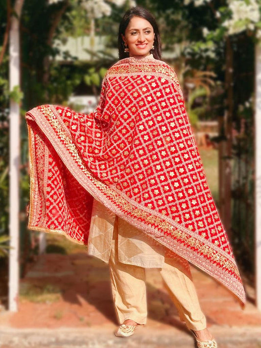 Red color Georgette Lucknowi Work dupatta with Gotta Patti Work trendy elegant classy stole shawl