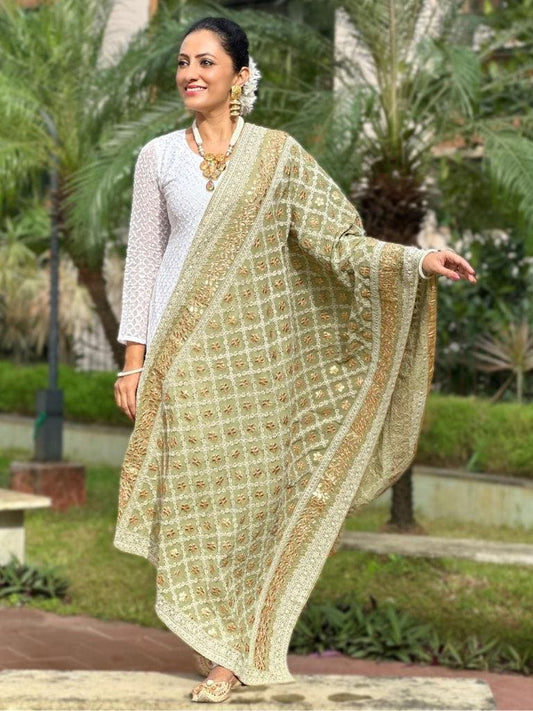 Olive green color Georgette Lucknowi Work dupatta with Gotta Patti Work trendy elegant classy stole shawl