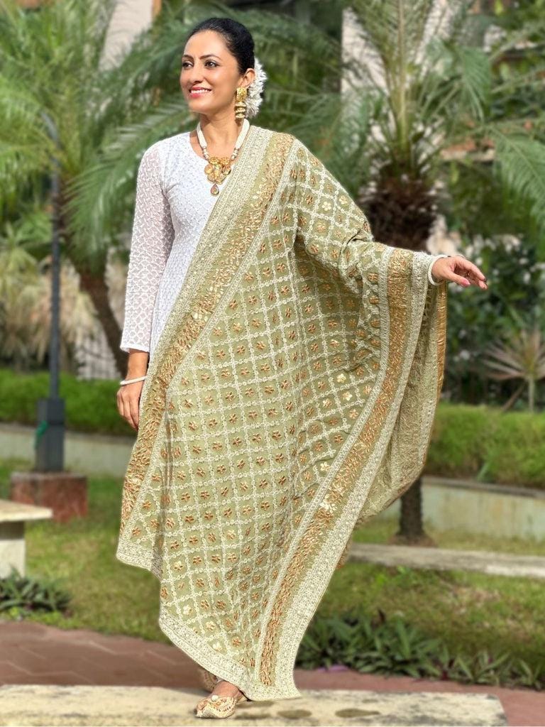 Olive Green Georgette Dupatta: Lucknowi Embroidery, Gotta Patti Work