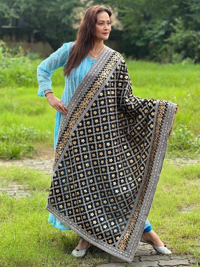 Black Georgette Lucknowi Dupatta: Gold Gotta Patti Work Stole