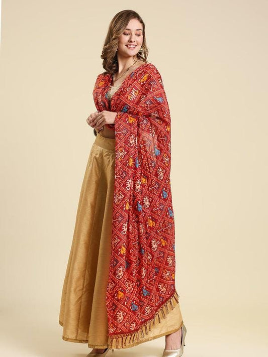 Crushed patola printed red color art silk dupatta/shawl/stole