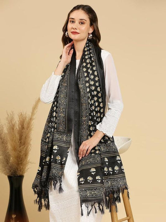 Black & Beige Printed Art Silk Dupatta/shawl/stole