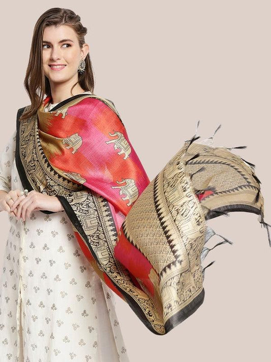 Ethnic Elephant Pink Printed Art Silk Dupatta/shawl/stole