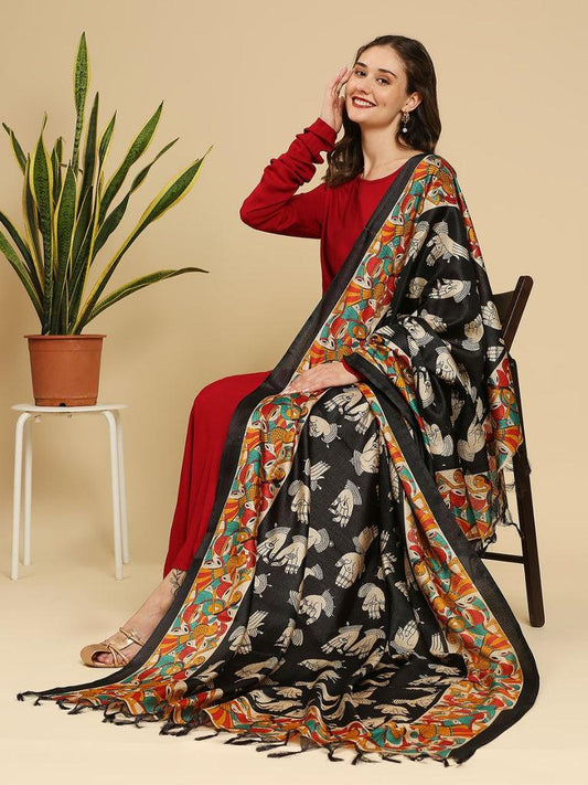 Ethnic Printed Black & Multi Art Silk Dupatta/shawl/stole