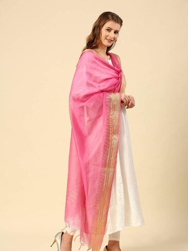 Banarasi Silk Dupatta with Temple Border Wine/Coral color stole