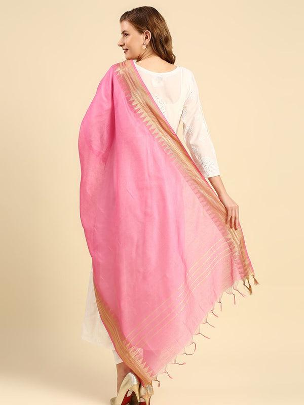 Banarasi Silk Dupatta with Temple Border Wine/Coral color stole