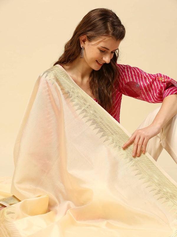 Banarasi Silk Dupatta with Temple Border Wine/Coral color stole