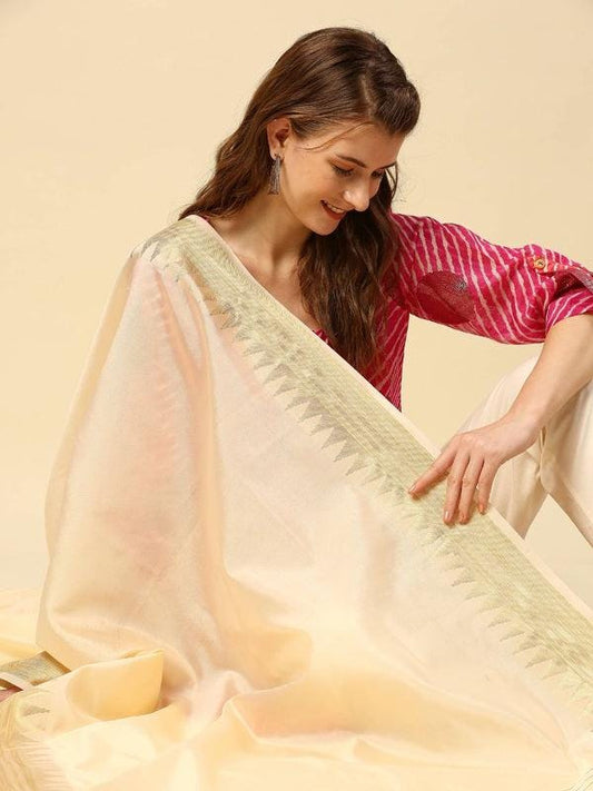 Banarasi Silk Dupatta with Temple Border Wine/Coral color stole