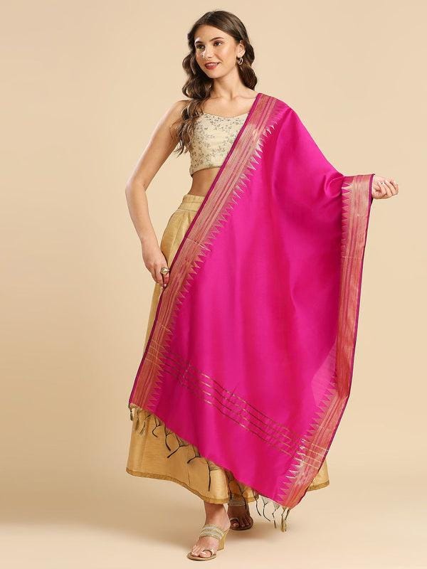 Banarasi Silk Dupatta with Temple Border Wine/Coral color stole