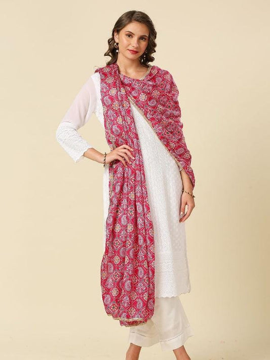Rani Pink Printed Poly Chinnon Dupatta/shawl/stole