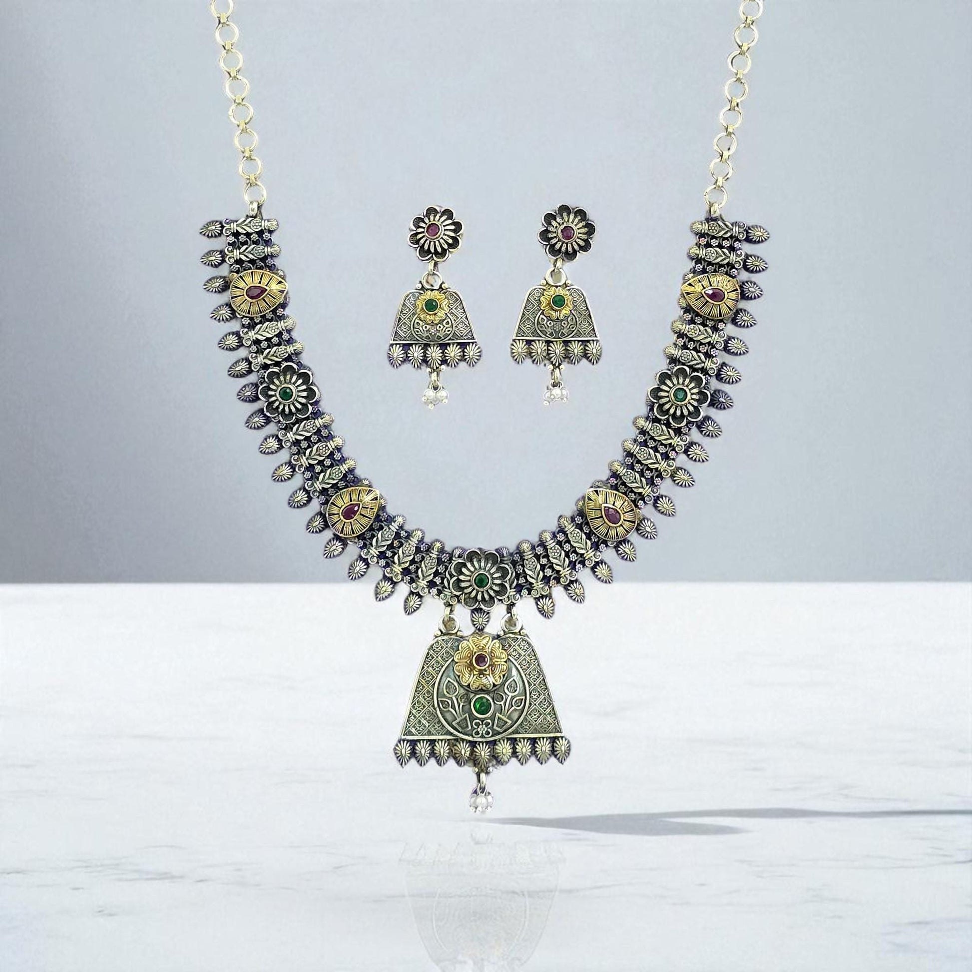 Oxidised German Silver Necklace With 2 Tone Plating