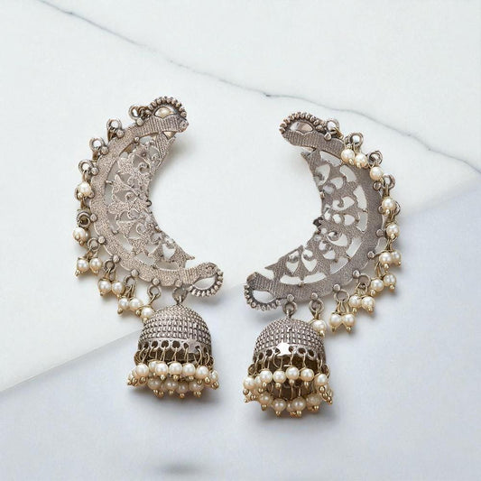 Jhumki With Oxidised Plating silver cuff earrings with pearls
