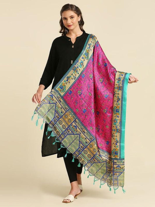 Multicolour Warli Printed Art Silk Dupatta Rani Pink/shawl/stole