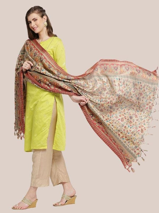 Floral Printed Art Silk Dupatta Beige Red/shawl/stole